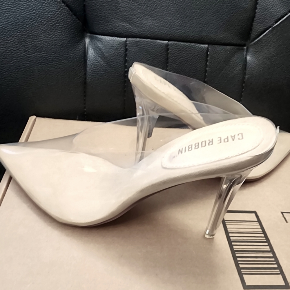 Clear, transparent Open Heel Pumps. Size 7.5. Like New. Pointed toe. Heel height
